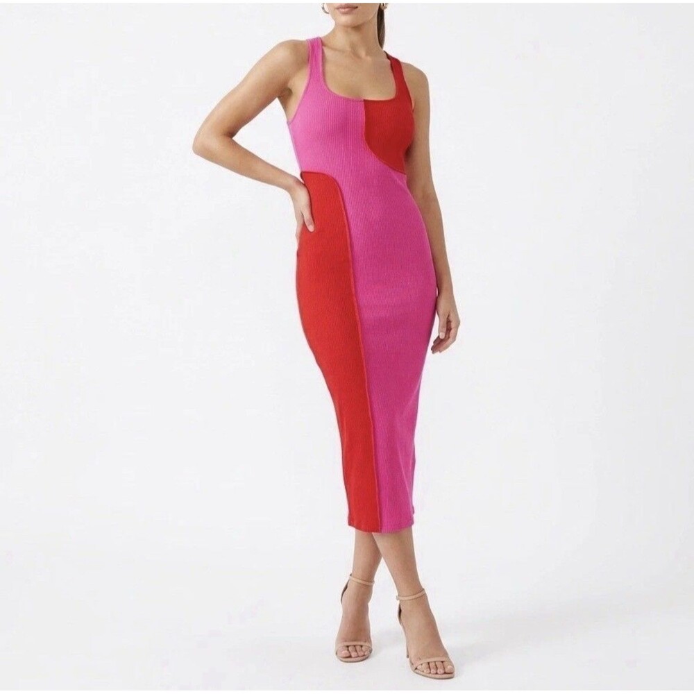 Naked Wardrobe Ribbed Colorblock Racerback Bodycon Midi Dress Pink Red Size M